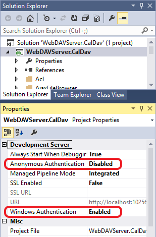 Demonstrates where you can set up authenticatin for your calendar server in Visual Studio / IIS Express