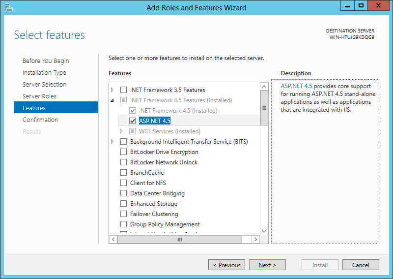Select ASP.NET 4.5 feature during the configuration of WebDAV server