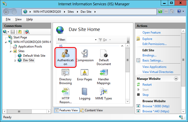 To configure Windows Authentication select the WebDAV site node in IIS Manager and double click on Authentication