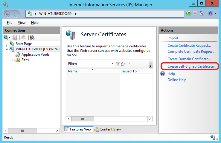 Click on Create Self-signed certificate