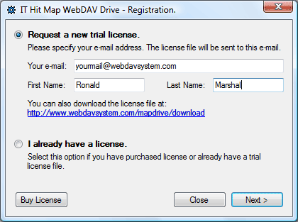 Provide registration info to activate IT Hit Map WebDAV Drive after installation
