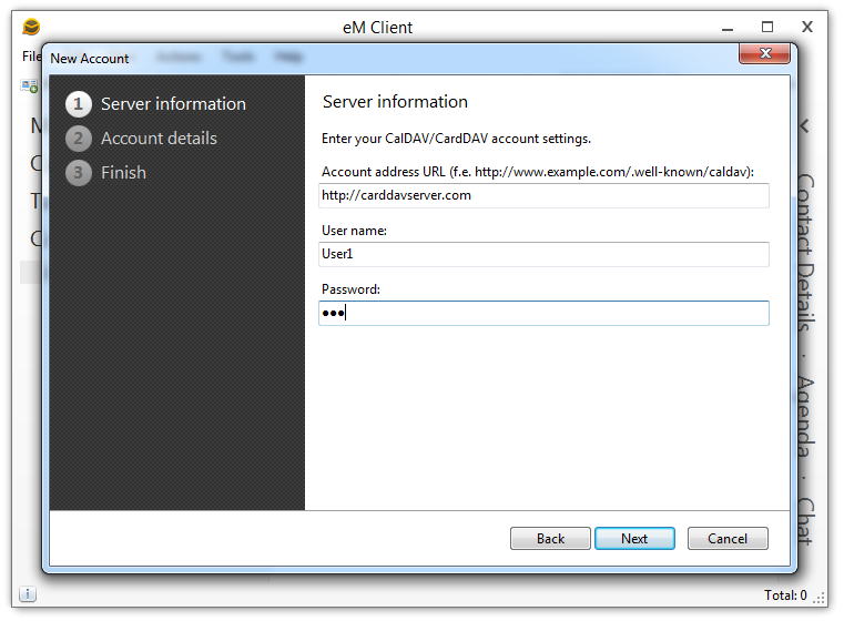 Specify CardDAV address book URL in the Account address URL field. In the User name and Password fields provide your windows domain credentials.