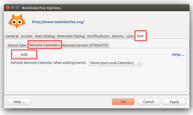 Select Sync tab, then switch to Remote Calendars and click Add.