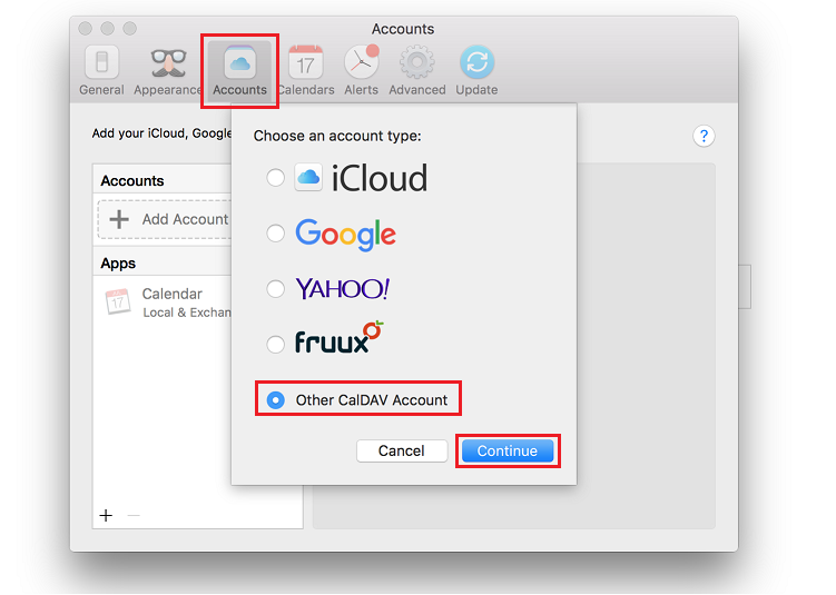 Select Accounts tab. Click "+ Add Account" button. Select Other CalDAV Account.