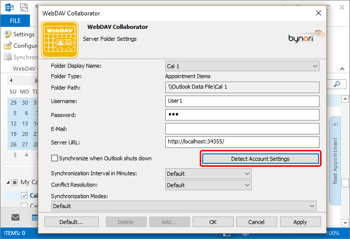 Specify the complete CalDAV calendar URL in the Server URL field. In the Username and Password fields provide your credentials, select Detect Account Settings