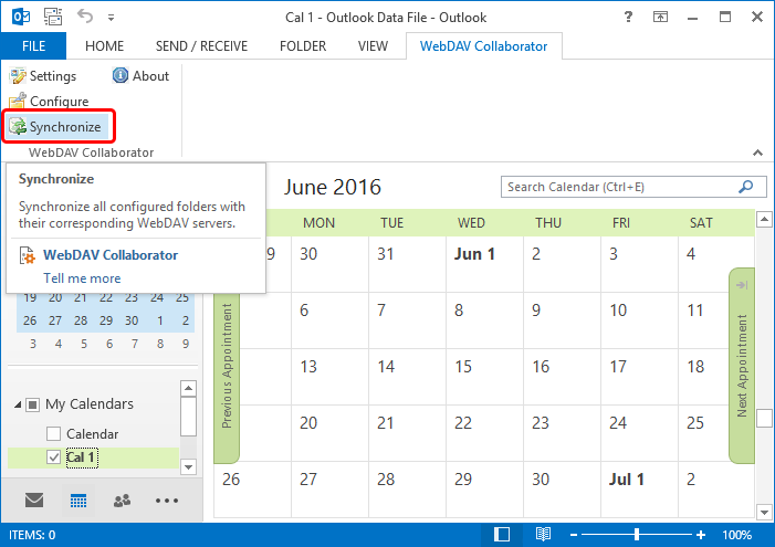 To start synchronization of your CalDAV calendar select Synchronize on the WebDAV Collaborator tab.