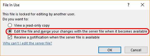 WebDAV MS Office Merge dialog. User selects: Edit the file and merge your changes with the server file when it becomes available.
