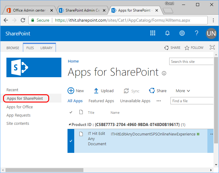 Upload IT Hit SharePoint extension or add-in to SharePoint catalog.