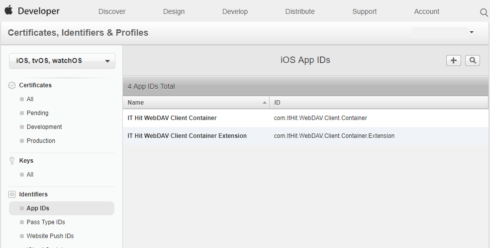 Create 2 Apple iOS App IDs. One will be used for container application another – for extension.