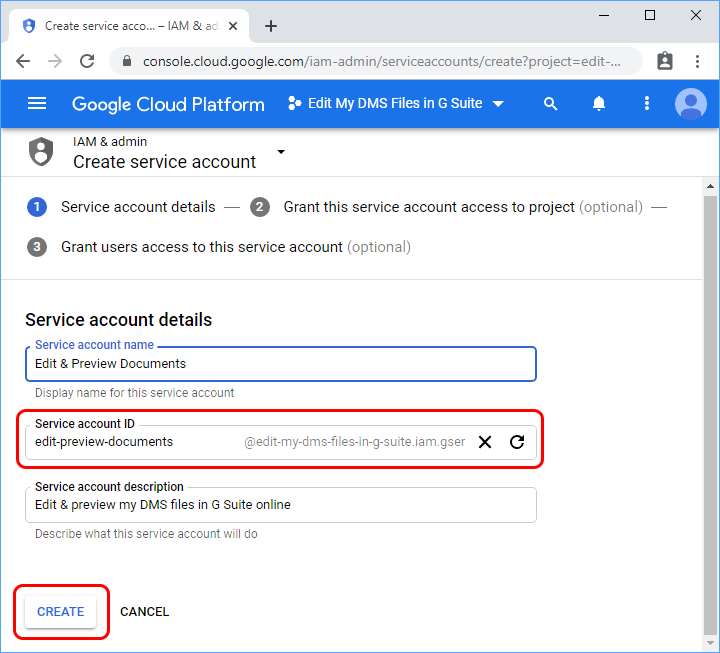 Service account ID field (client_email) will be user when creating G Suite Engine.