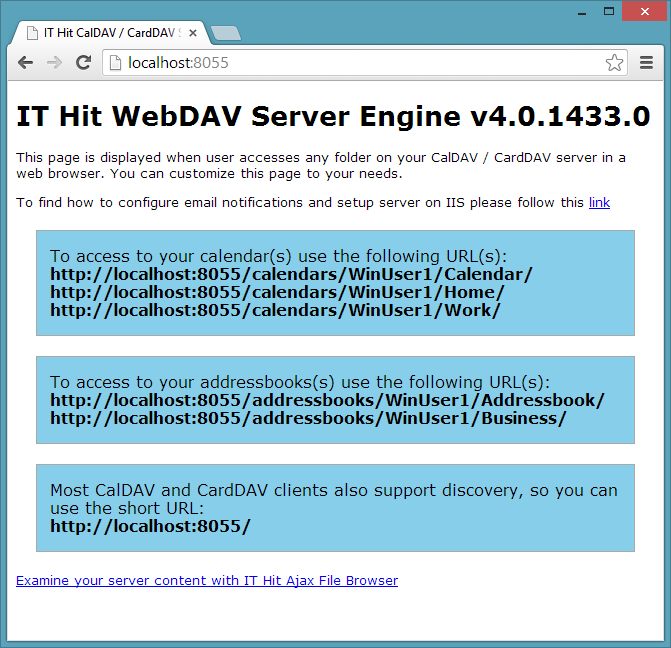 Contacts server displaying calendars and addressbooks URLs