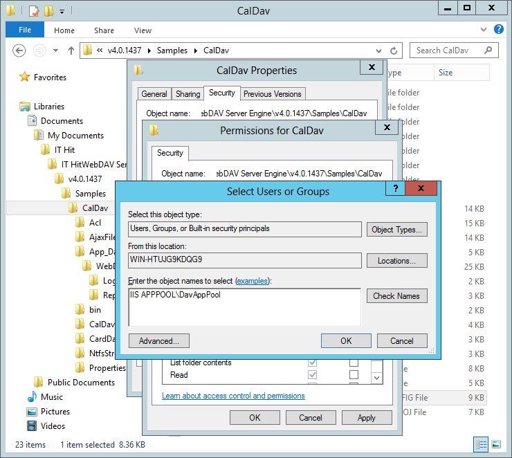 Read permissions for your WebDAV application folder in file system