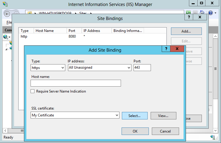 Select certificate that you have created in the SSL certificate field