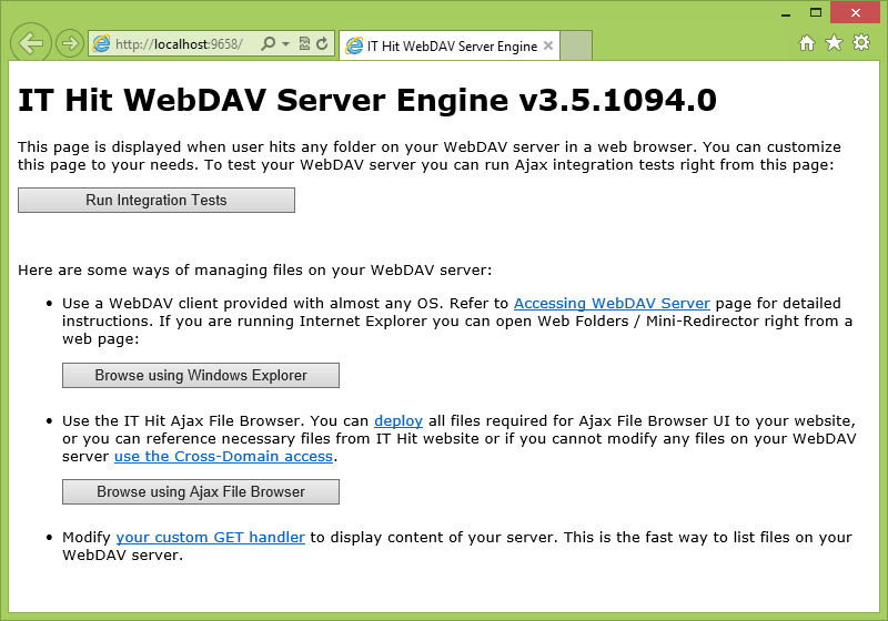 The web page on which you can run Ajax WebDAV tests, jump to browsing files using Windows Explorer and use Ajax Browser