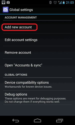 Click Add New Account in the Global settings