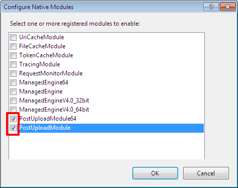 Check the PostUploadModule(s) and click OK