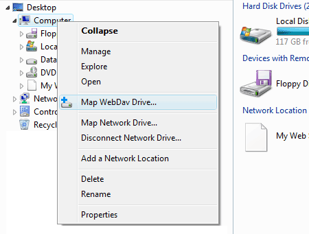 To mount a new drive select Map WebDAV Drive in Windows Explorer context menu