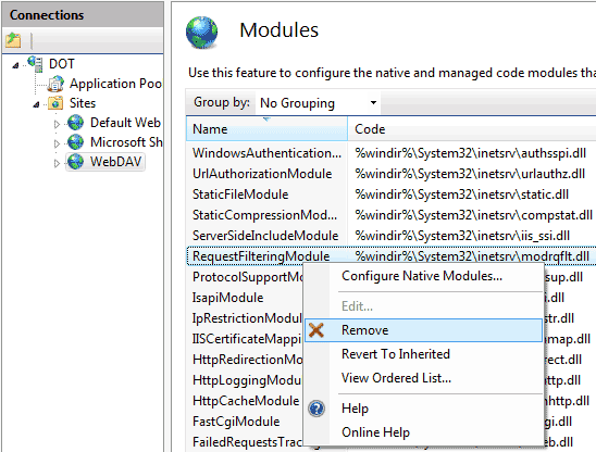 How to delete RequestFilteringModule module