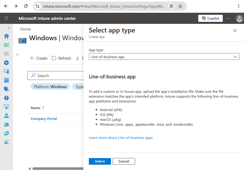 WebDAV Drive Intune MSIX deployment - selecting Line-of-business app type