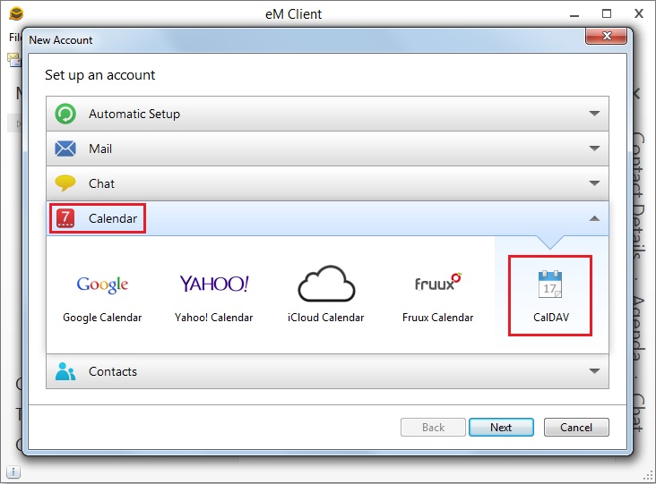 in New Account dialog in eM Client select Calendar -> CalDAV.