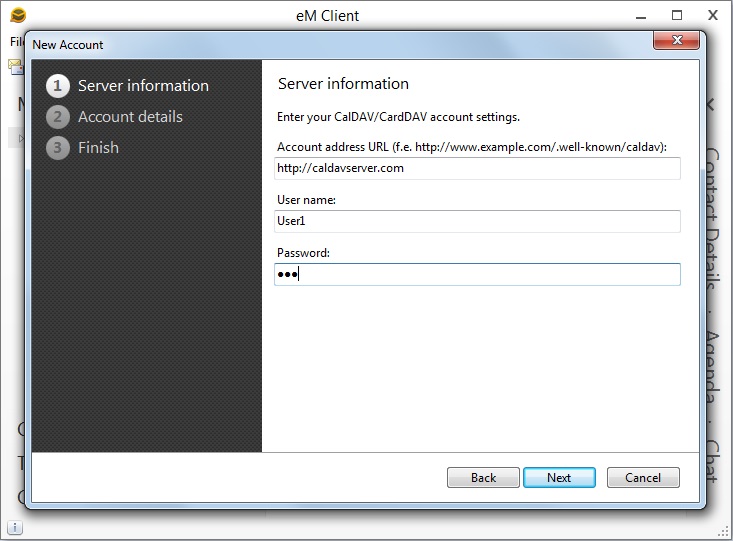 Specify CalDAV URL in the Account address URL field. In the User name and Password fields provide your windows domain credentials.