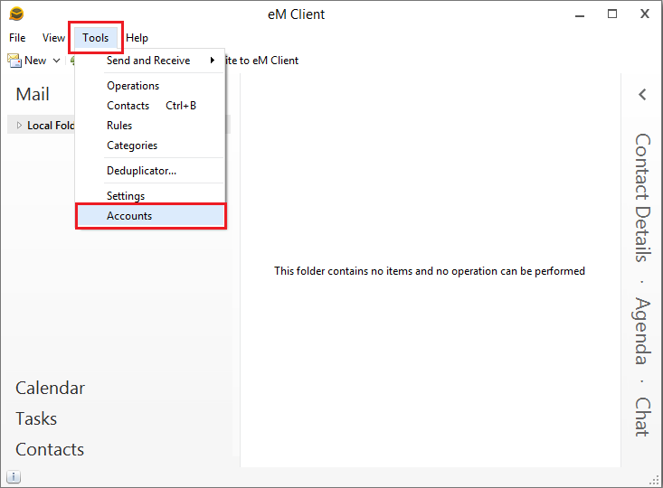 in eM Client select Tools -> Accounts in main drop down menu.