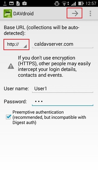 Specify CalDAV URL in the Account address URL field. In the User name and Password fields provide your windows domain credentials.