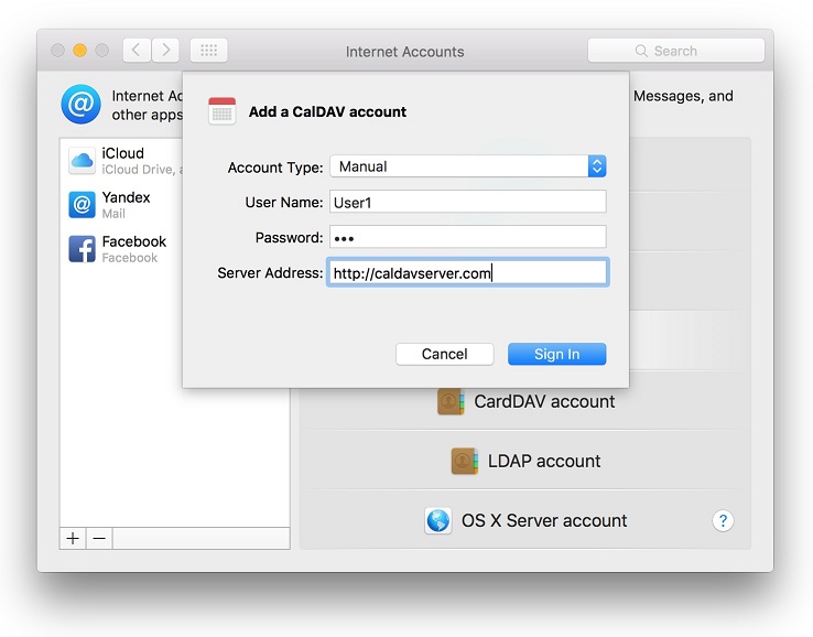 Specify the complete CalDAV calendar URL in the Server Address field. In the User Name and Password fields provide your windows domain credentials.