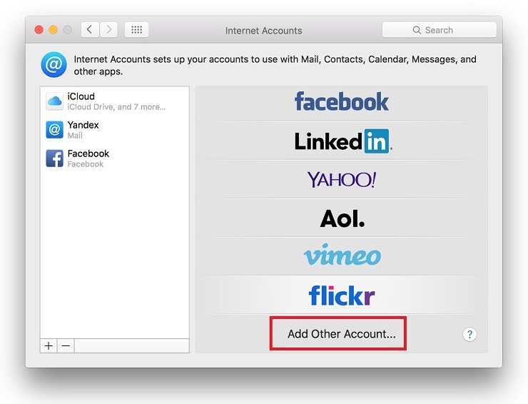 In Internet Accounts dialog select Add Other Account