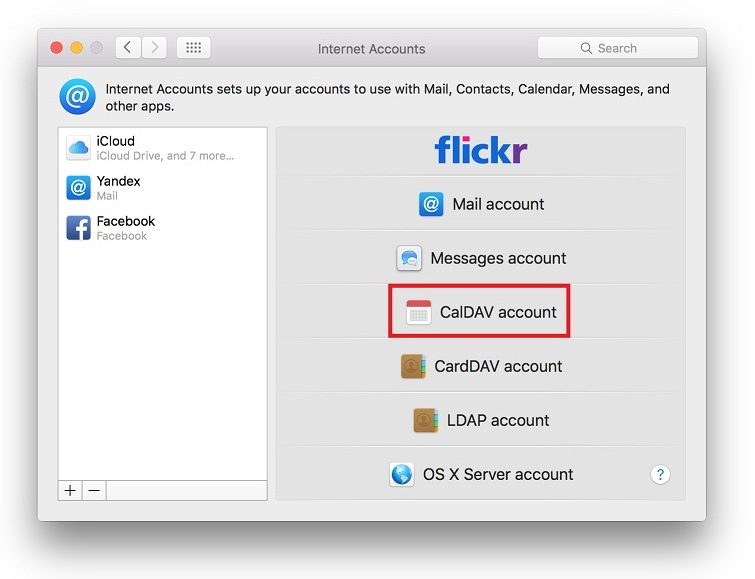 In the Choose an account type dialog select Add CalDAV account option.