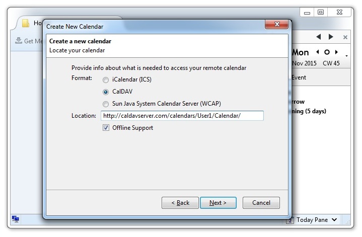 Select CalDAV format and type location /calendars/User1/Calendar