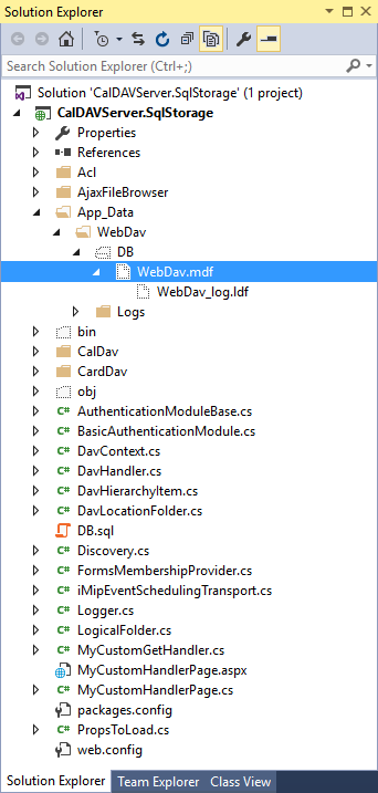 CalDAV sample Microsoft SQL database default location.