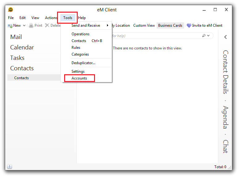 in eM Client select Tools -> Accounts in main drop down menu.