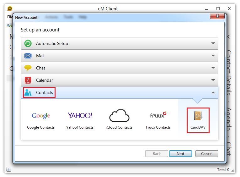 in New Account dialog in eM Client select Contacts -> CardDAV.