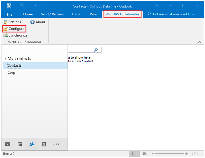 In Microsoft Outlook go WebDAV Collaborator tab and select Configure.