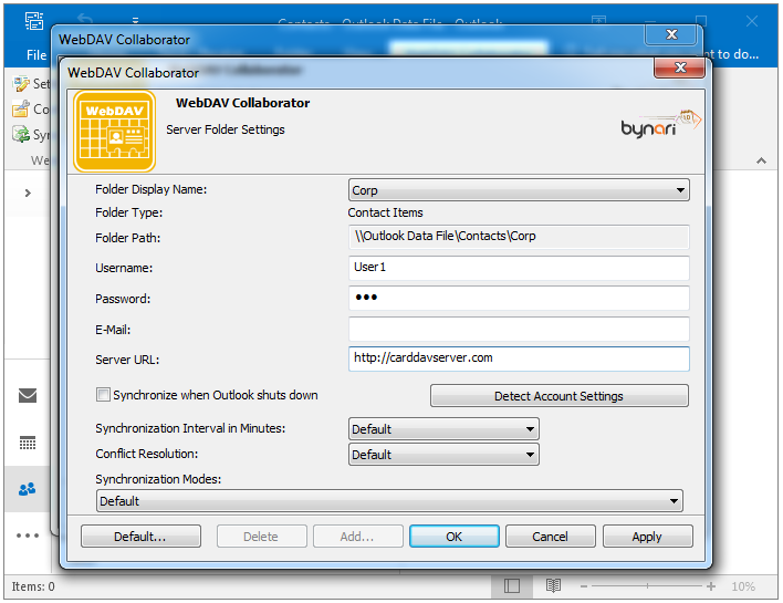 Specify the complete CardDAV address book URL in the Server URL field. In the Username and Password fields provide your windows domain credentials.