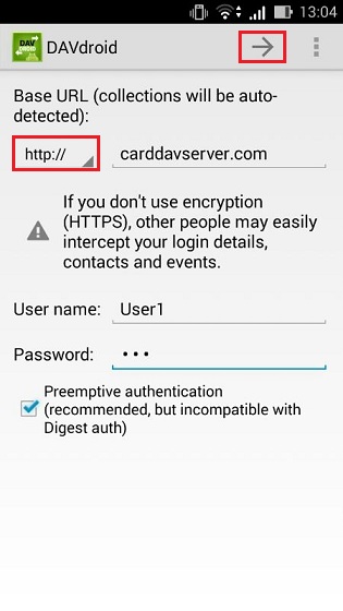 Specify CardDAV URL in the Base URL field. In the User name and Password fields provide your credentials.