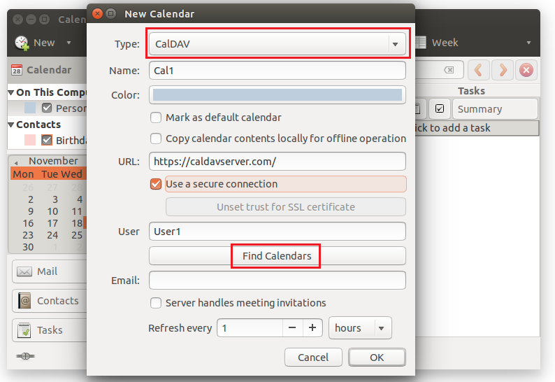 Select CalDAV option, enter Name of Calendar, specify URL, provide User name. Click Find Calendars.