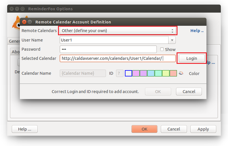 Select Other (define your own), type User Name and Password, type complete URL and click Login.
