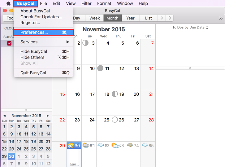 Click BusyCal and select Preferences in drop-down list.
