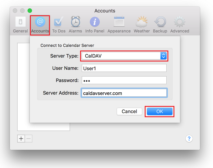 Select Accounts tab. Click "+" symbol at the bottom. Select CalDAV in Server Type drop-down list.