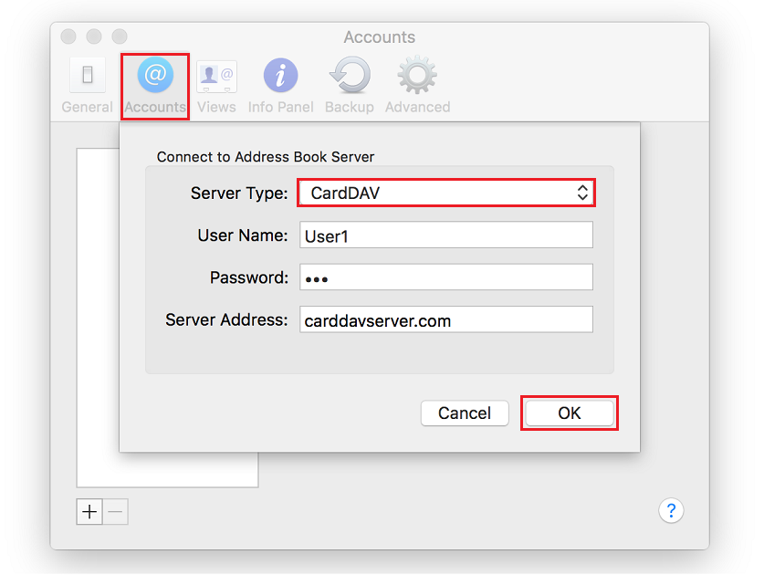 Select Accounts tab. Click "+" symbol at the bottom. Select CalDAV in Server Type drop-down list.