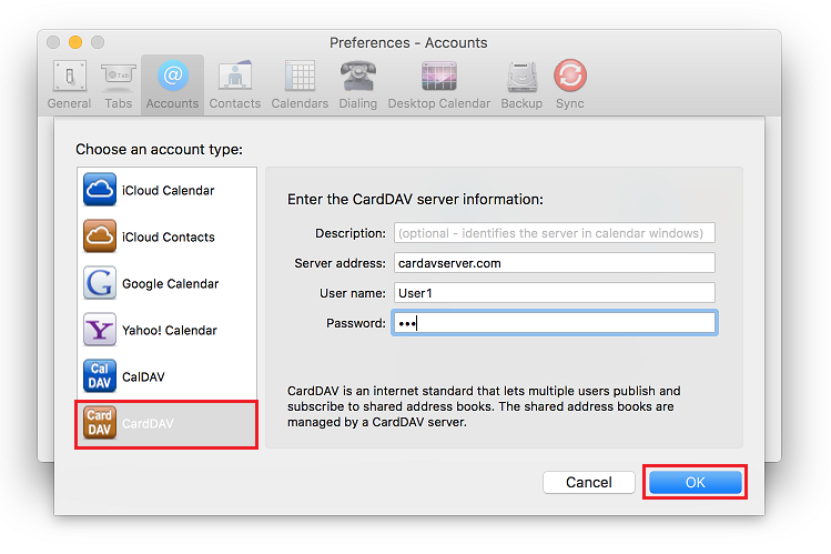 Select CardDAV in left menu. In the User name and Password fields provide your credentials. Specify CardDAV address book URL in the Server Address field.