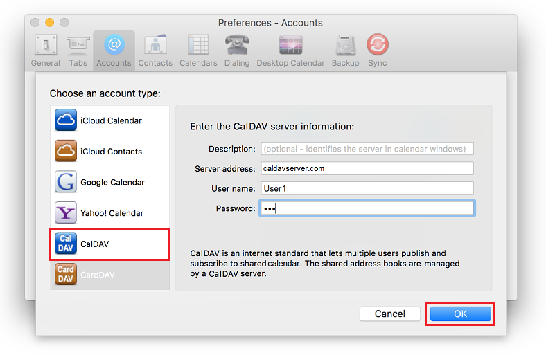 Select CardDAV in left menu. In the User name and Password fields provide your credentials. Specify CalDAV address book URL in the Server Address field.