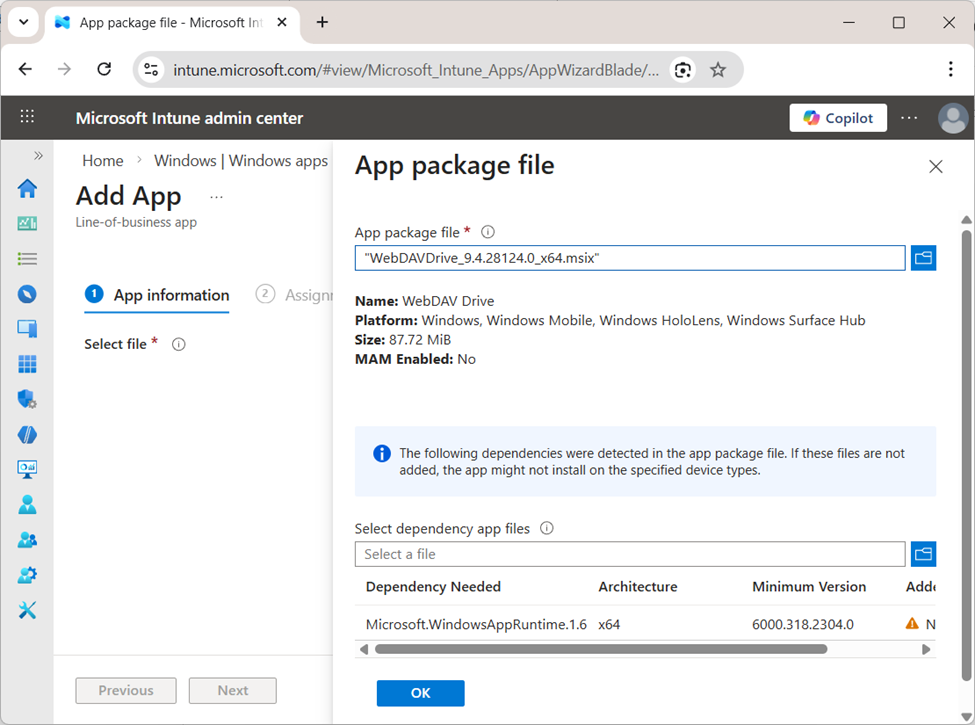 WebDAV Drive Intune MSIX deployment - uploading app package file