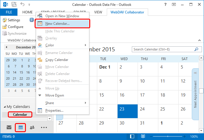 Select Calendars tab, right-click on Calendar and select New Calendar.