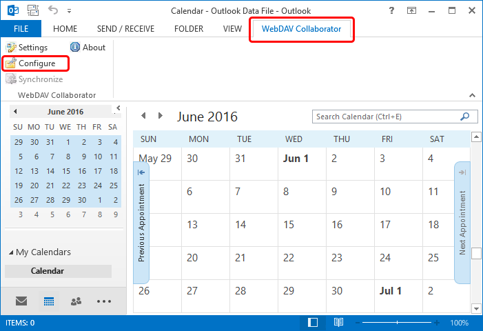 In Microsoft Outlook go WebDAV Collaborator tab and select Configure.