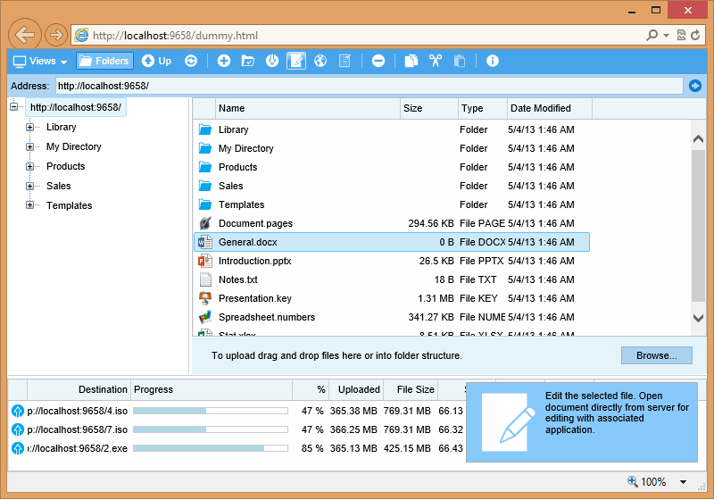 Ajax File Browser can be used to manage files on your WebDAV server and open documents for editing.