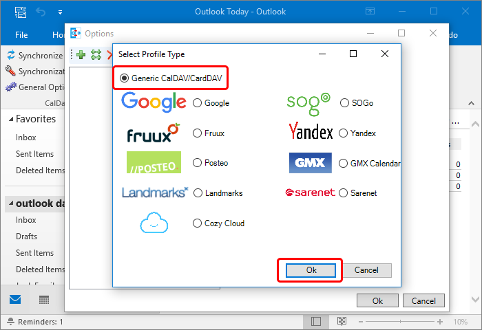 In the Select Profile Type dialog select Generic CalDAV/CardDAV