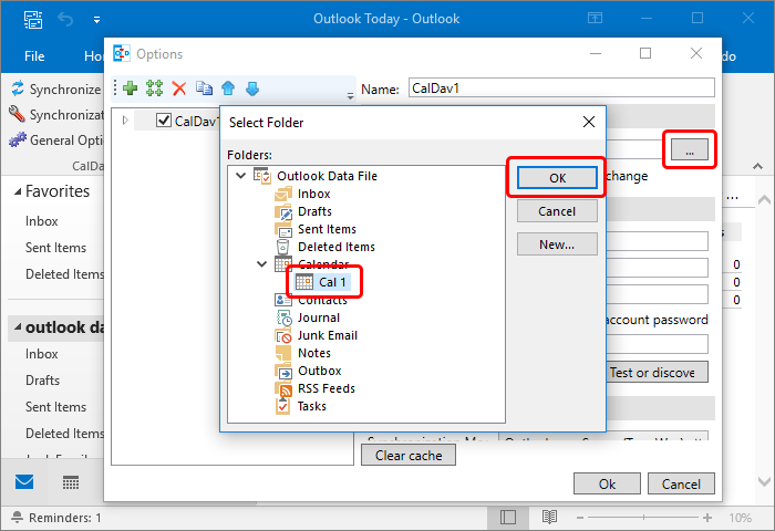 In the Outlook Settings select the Outlook folder that you have created above